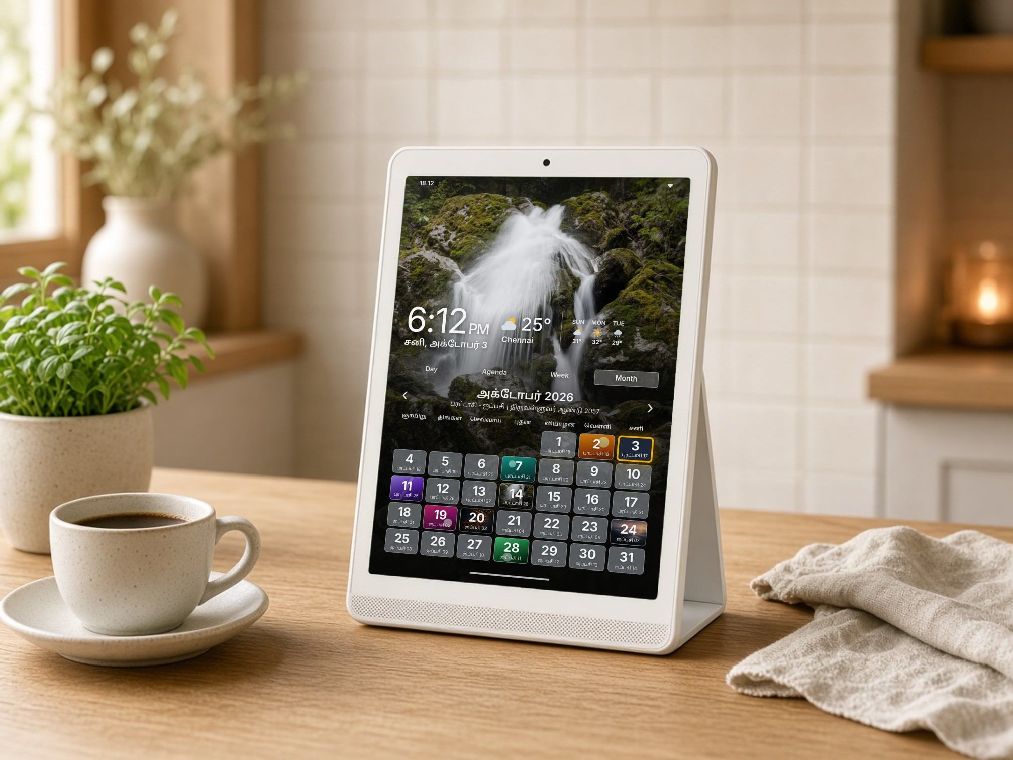 A ThiraiOne Desk touch display on a stand on a kitchen counter, showing the calendar and weather.