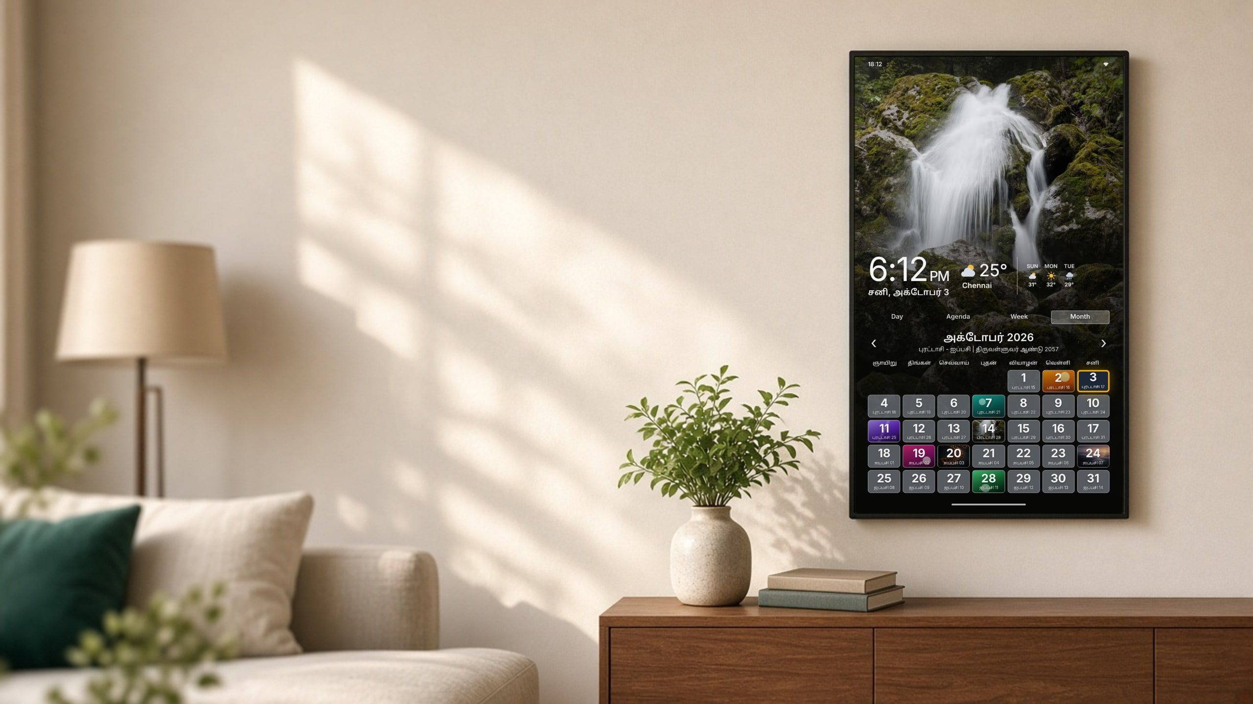 A slim portrait ThiraiOne display on a living-room wall, showing the time, weather and a month calendar.